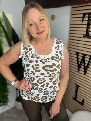 Frill Sleeve & Neck Leopard Vest Top - White & Chocolate