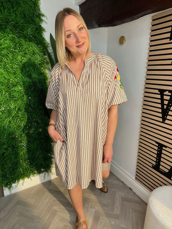 Striped Summer Dress With Embroidery Detail On Sleeve - Stone