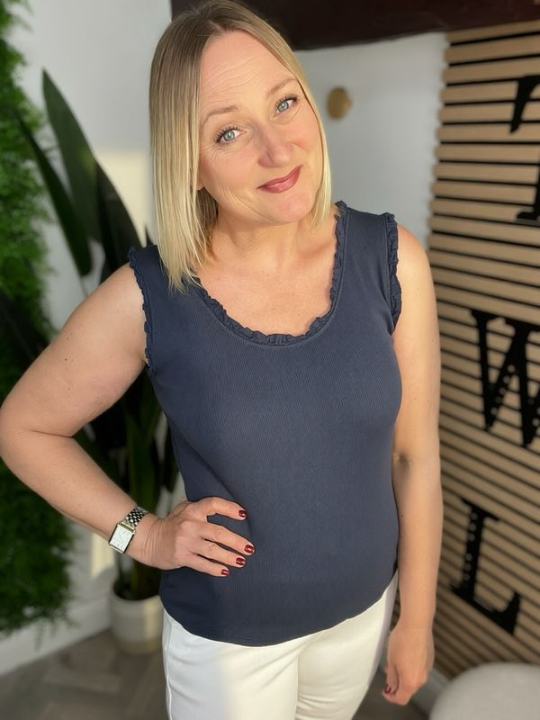 Frill Neck and Sleeve Vest Top - Navy
