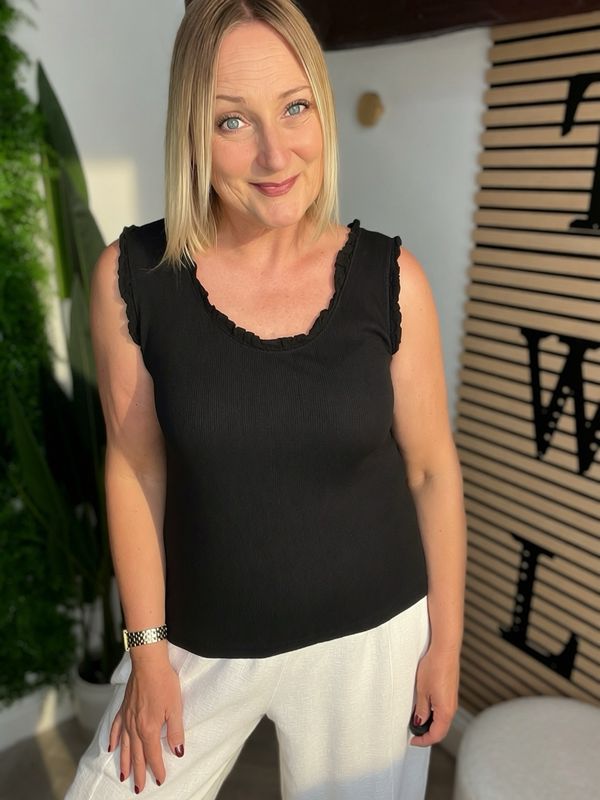 Frill Neck and Sleeve Vest Top - Black