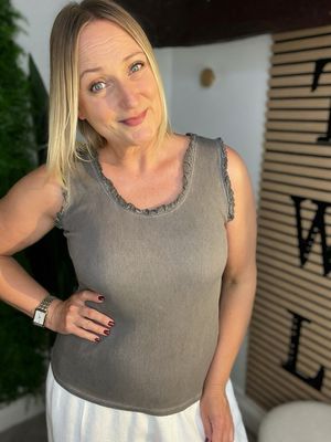 Frill Neck and Sleeve Vest Top - Dark Mocha
