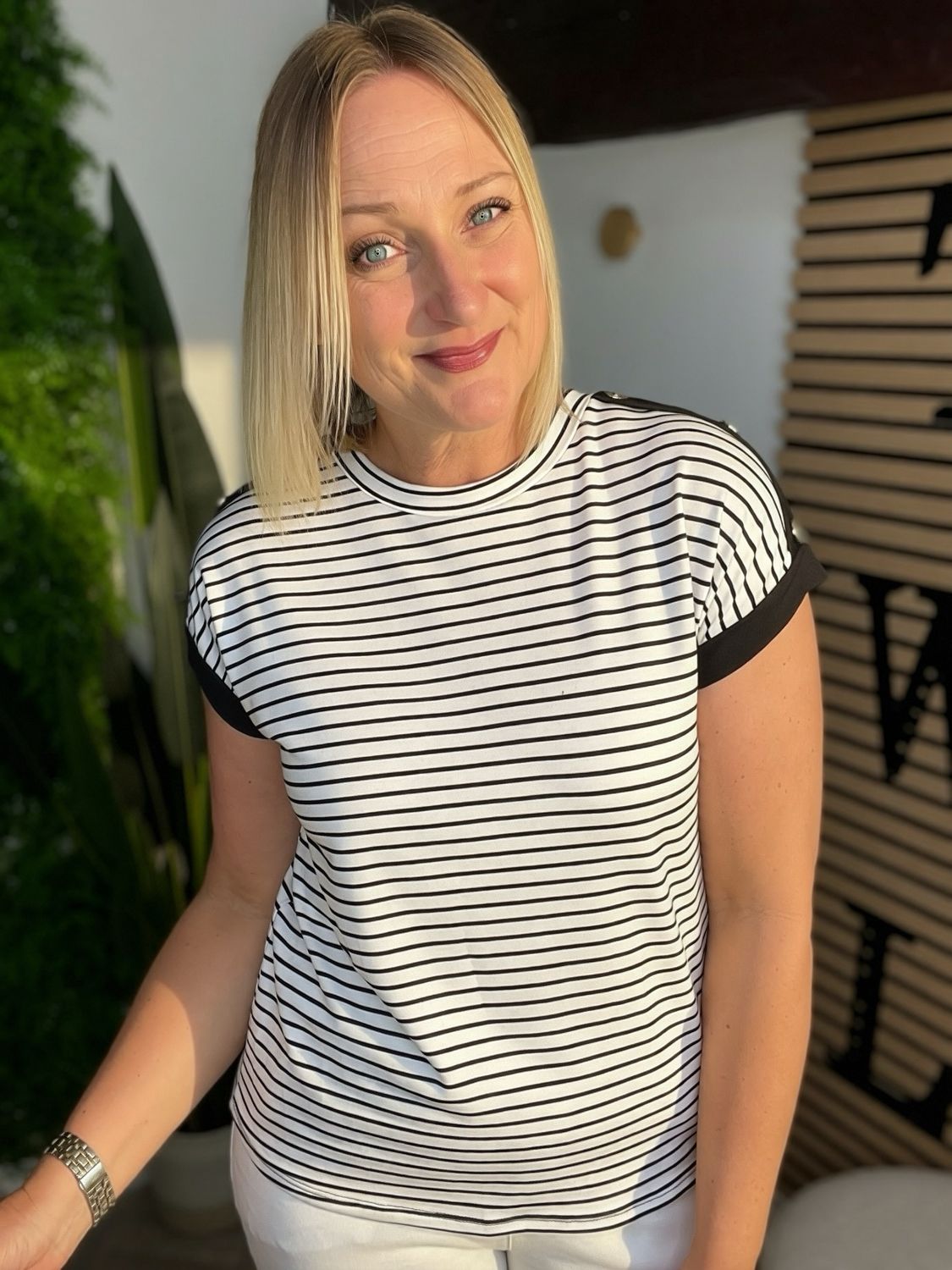 Stripe And Shoulder Button Detailed Tee - Chocolate