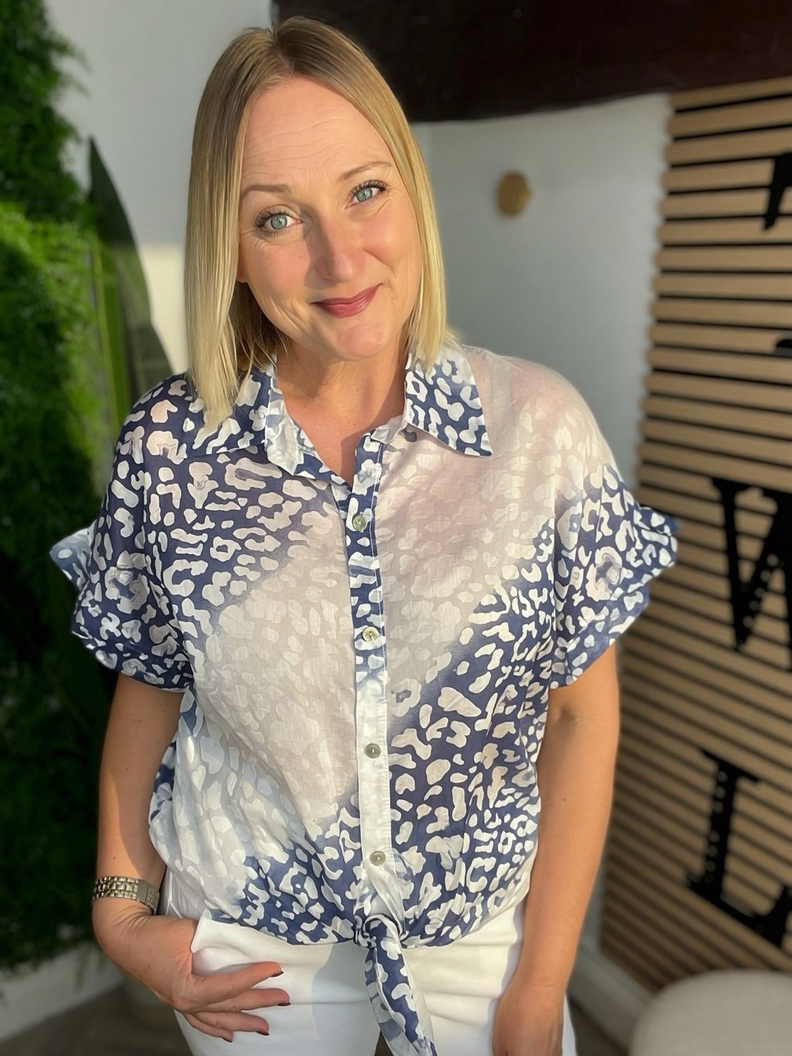 Tie Front Sheer Shirt - White & Navy