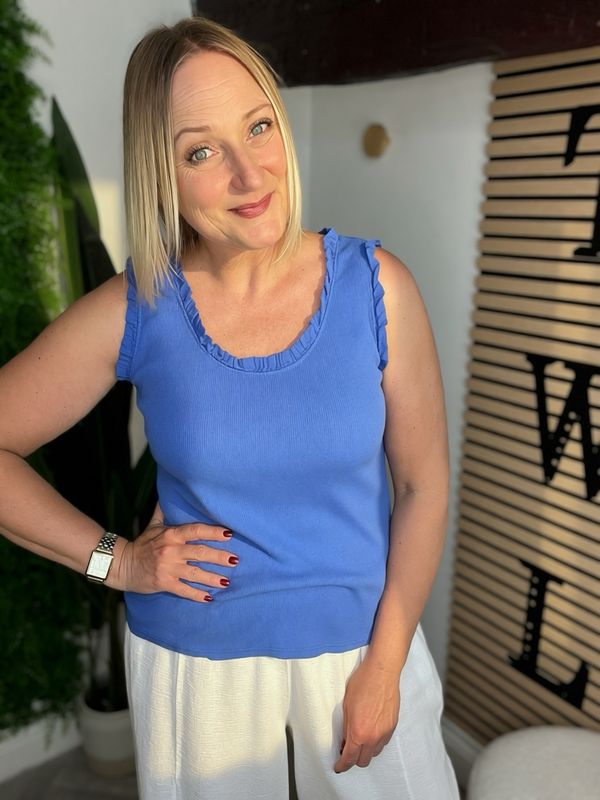 Frill Neck and Sleeve Vest Top - Blue