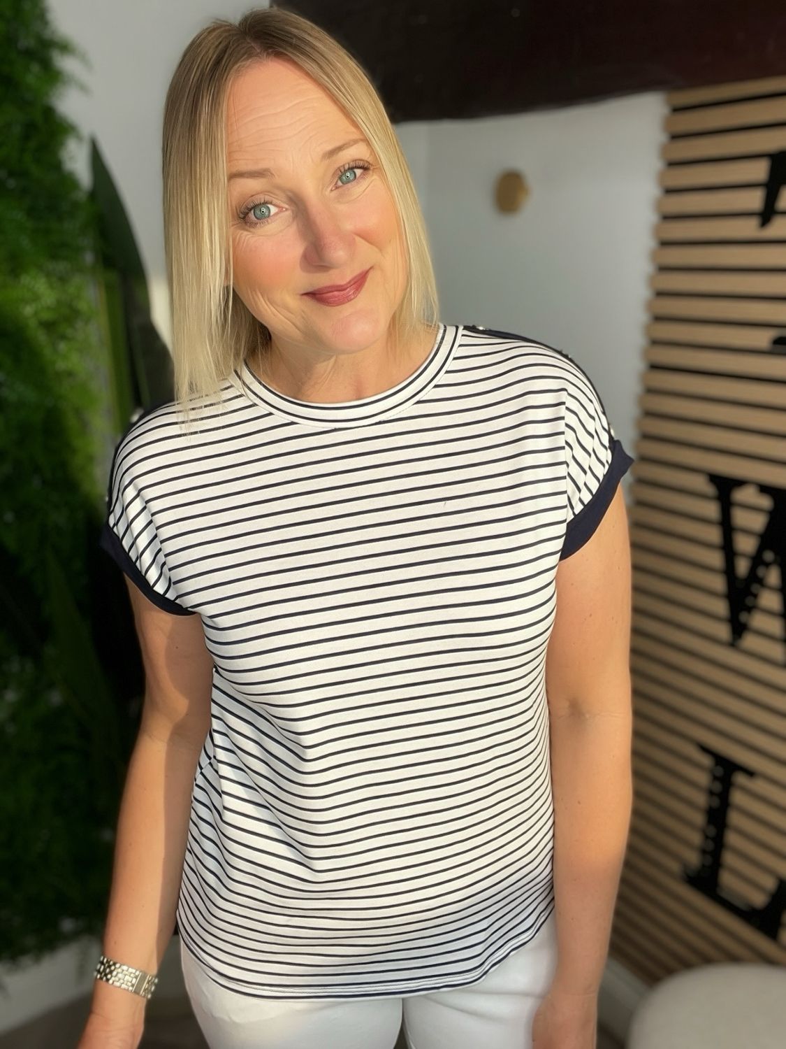 Stripe And Shoulder Button Detailed Tee - Navy