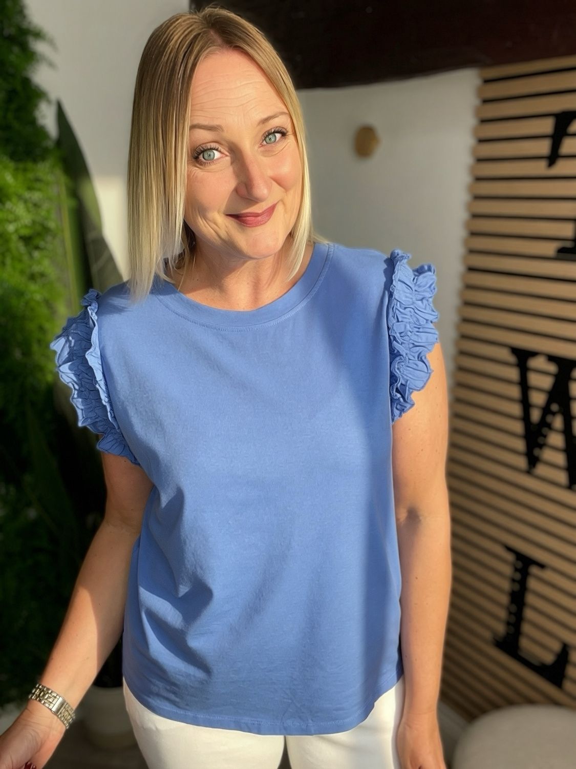 Relaxed Tee Ruffle Frill Shoulder Detail - Blue