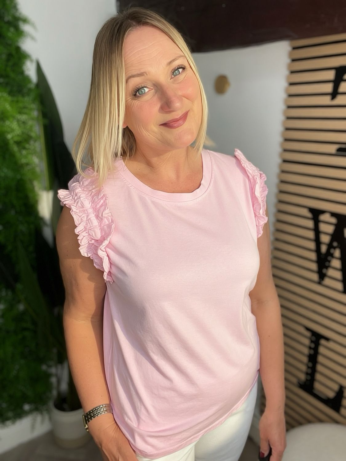 Relaxed Tee Ruffle Frill Shoulder Detail - Pink