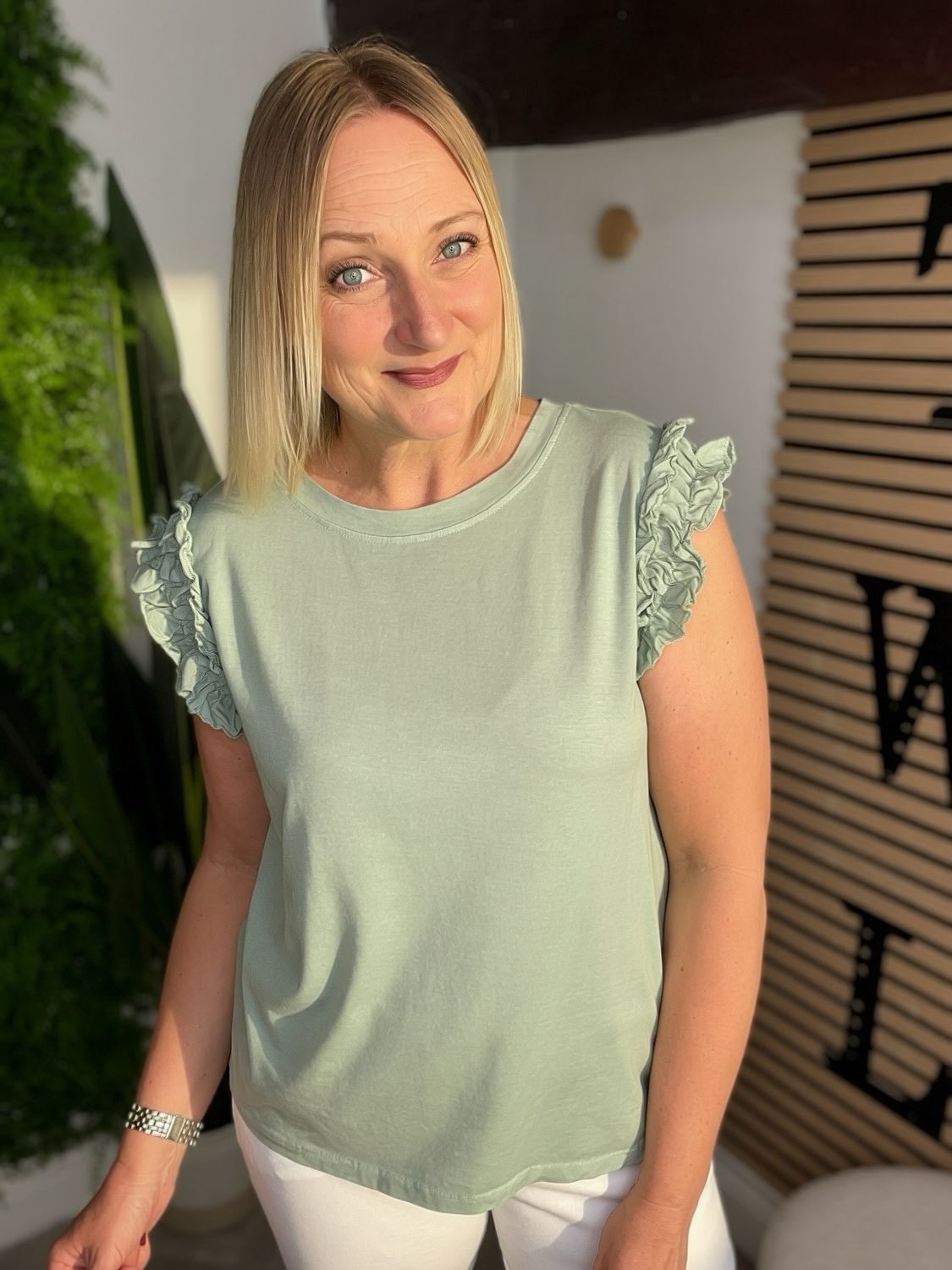 Relaxed Tee Ruffle Frill Shoulder Detail - Khaki
