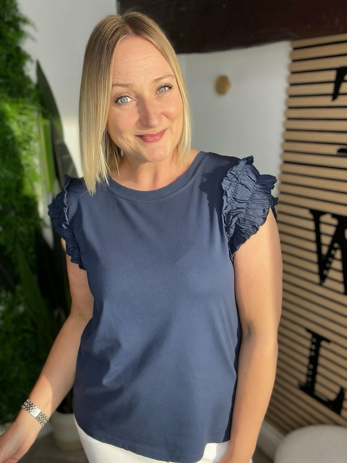 Relaxed Tee Ruffle Frill Shoulder Detail - Navy