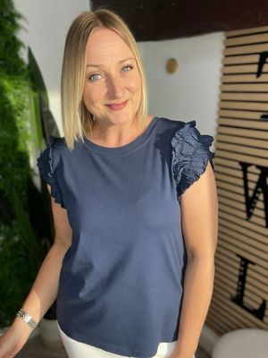 Relaxed Tee Ruffle Frill Shoulder Detail - Navy