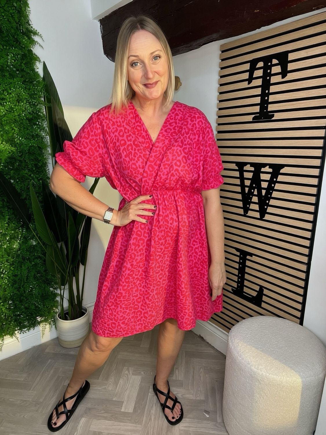 Leopard Waffle Dress - Red & Pink