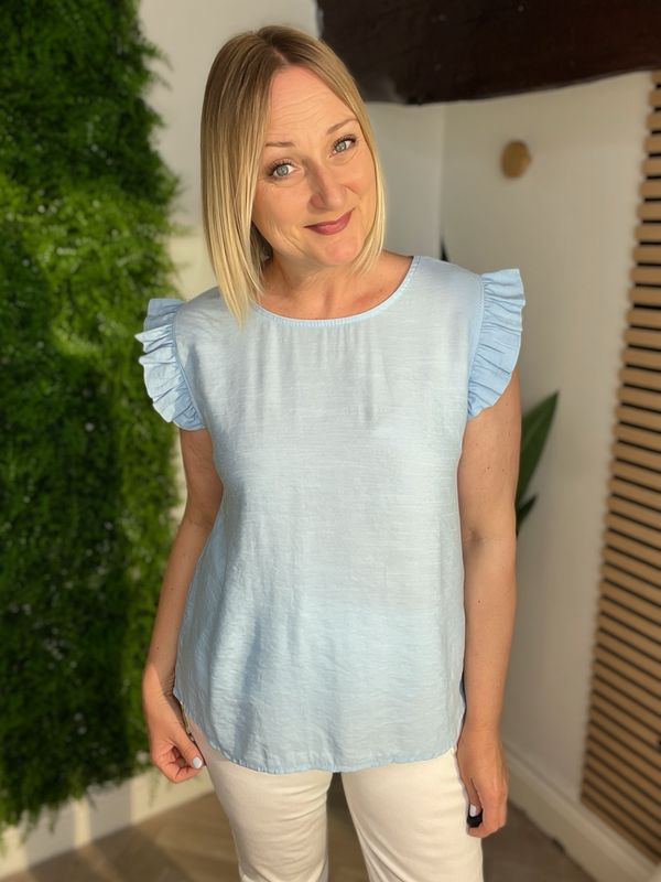 Frill Sleeve & Button Back Detail Top - Pale Blue