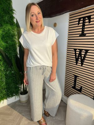 Stripe Wide Leg Trousers - Khaki/Sage