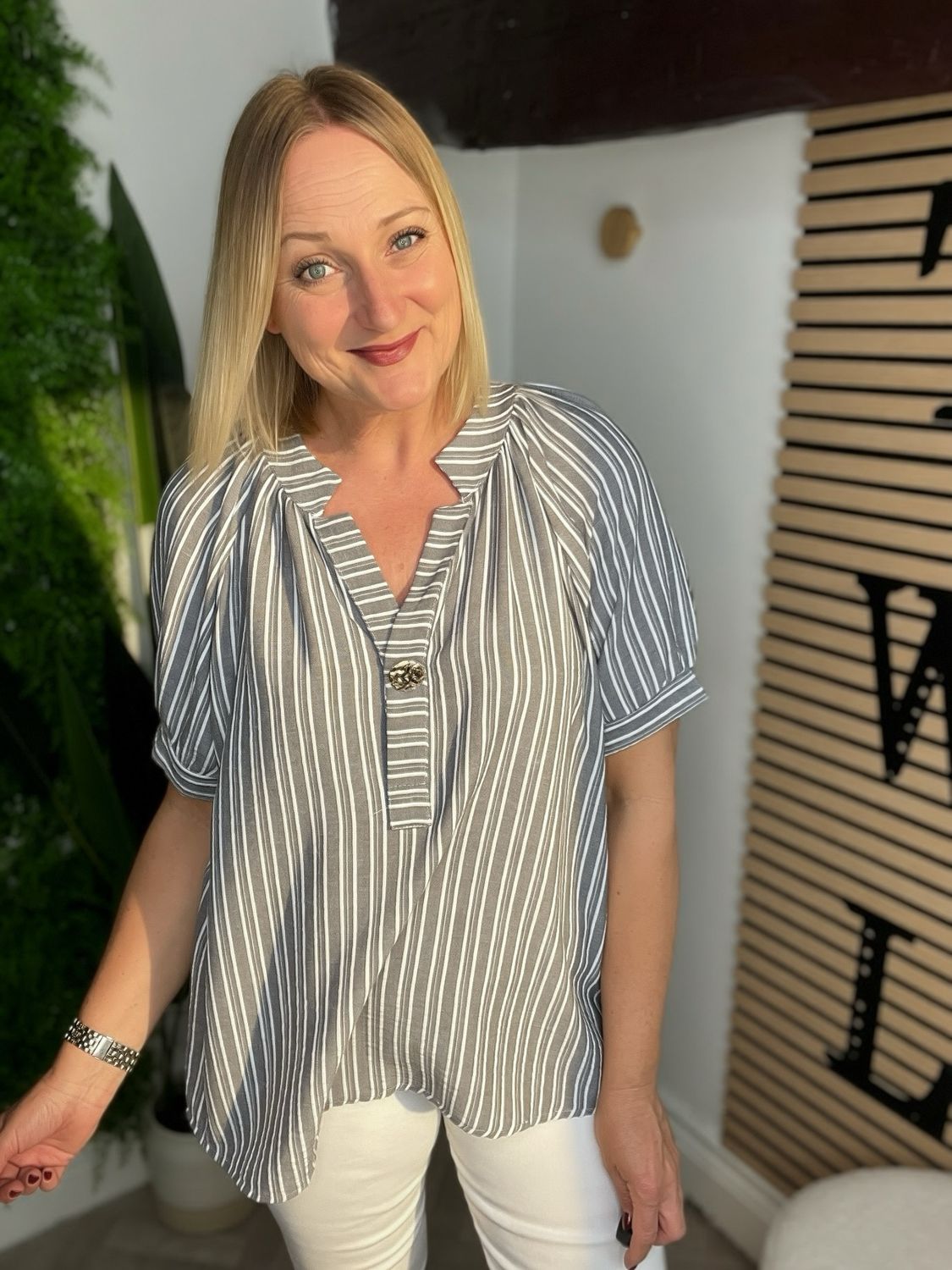 Stripe Puff Sleeve Top - Black/Grey