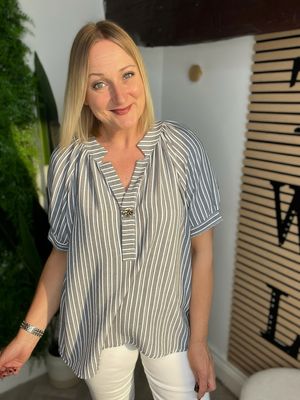 Stripe Puff Sleeve Top - Black/Grey