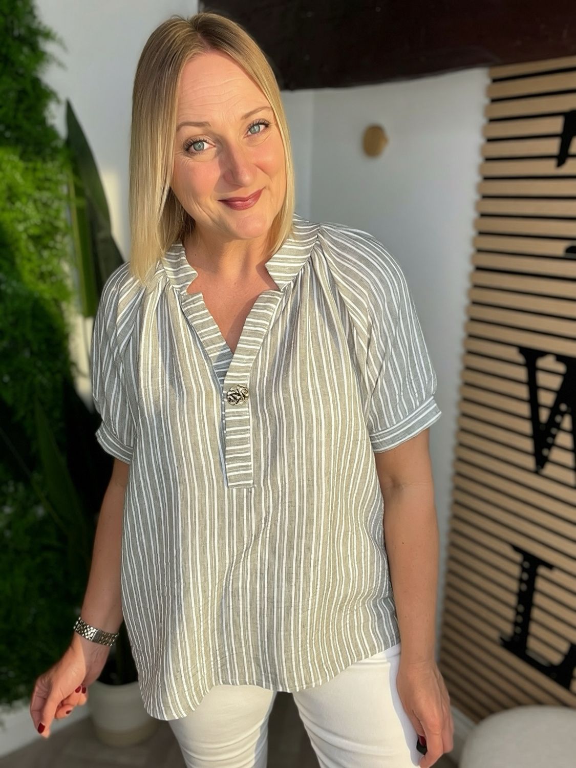 Stripe Puff Sleeve Top - Khaki/Sage