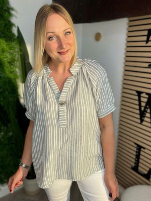 Stripe Puff Sleeve Top - Khaki/Sage
