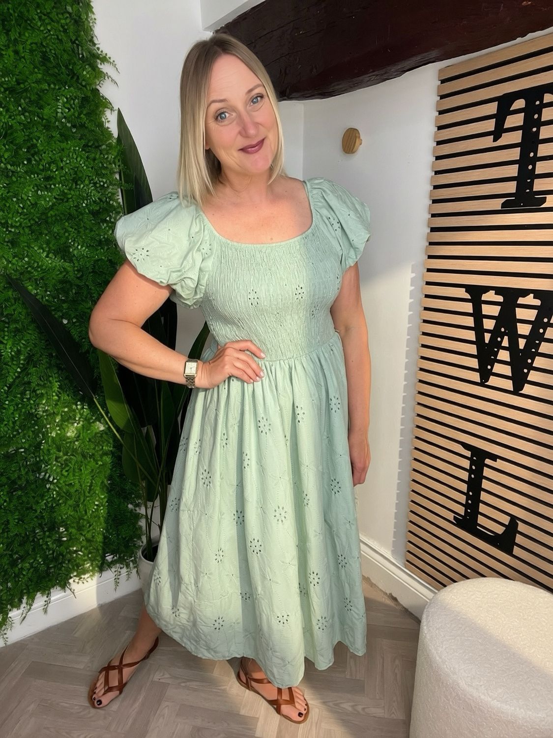Broderie Anglaise Midi Dress - Sage