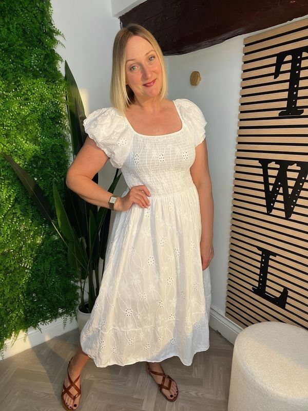 Broderie Anglaise Midi Dress - White