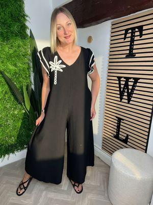 Ruffle Sleeve Palm Jumpsuit - Black Ruffle Sleeve Palm Jumpsuit - Black