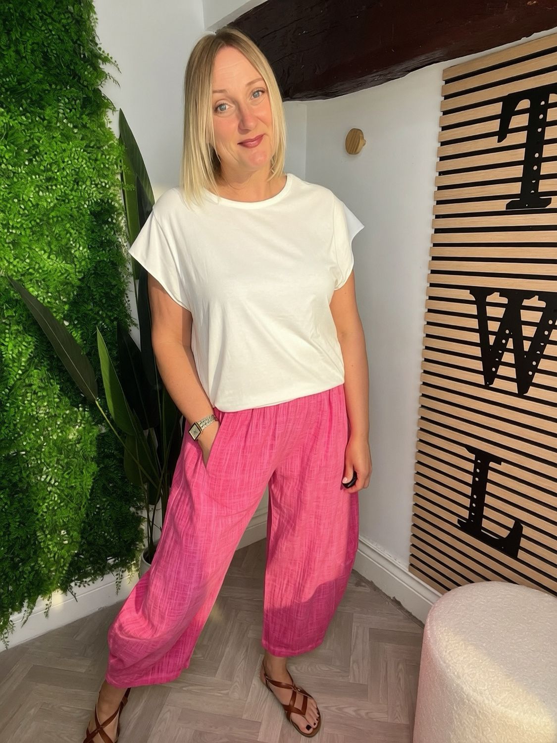 Barrel Leg Summer Cotton Trousers - Rasberry Pink