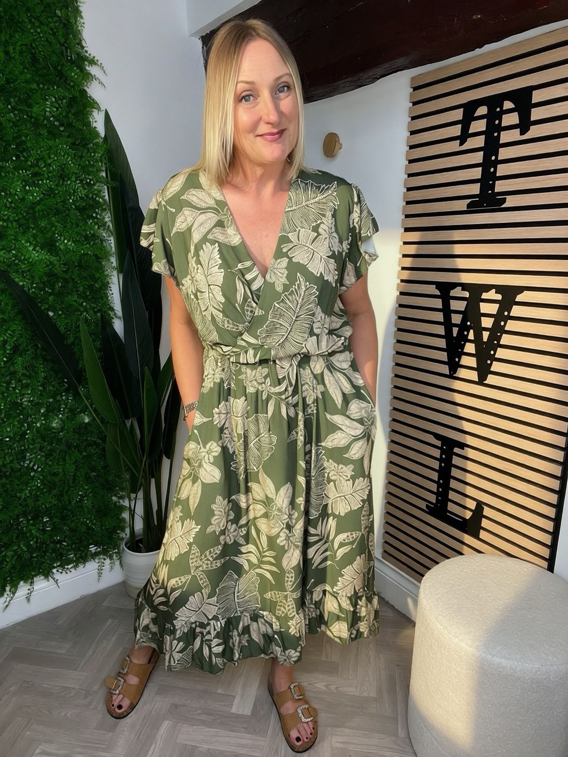 Flutter Sleeve Summer Dress - Khaki & Ecru Flutter Sleeve Summer Dress - Khaki & Ecru