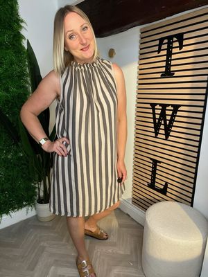 Stripe Frill Neck Dress - Taupe & Chocolate