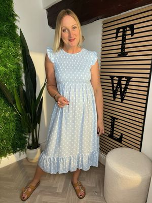 Flutter Sleeve Polka Dot Dress - Pale Blue & White