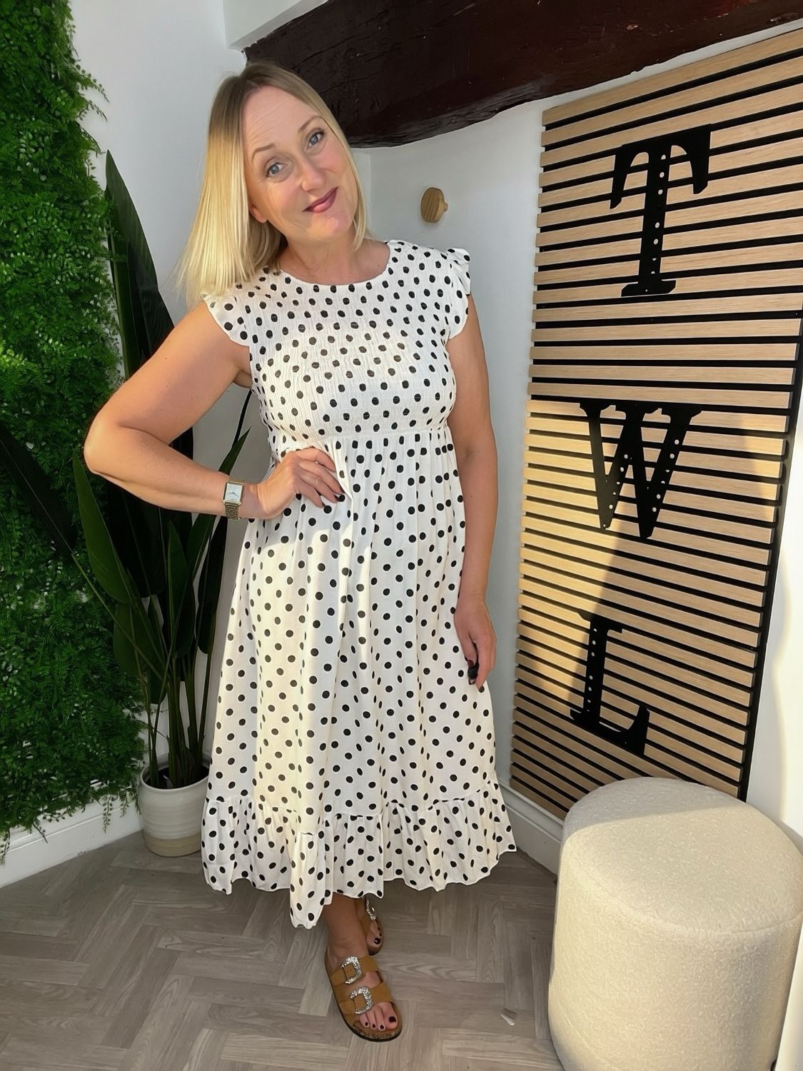 Flutter Sleeve Polka Dot Dress - White & Black