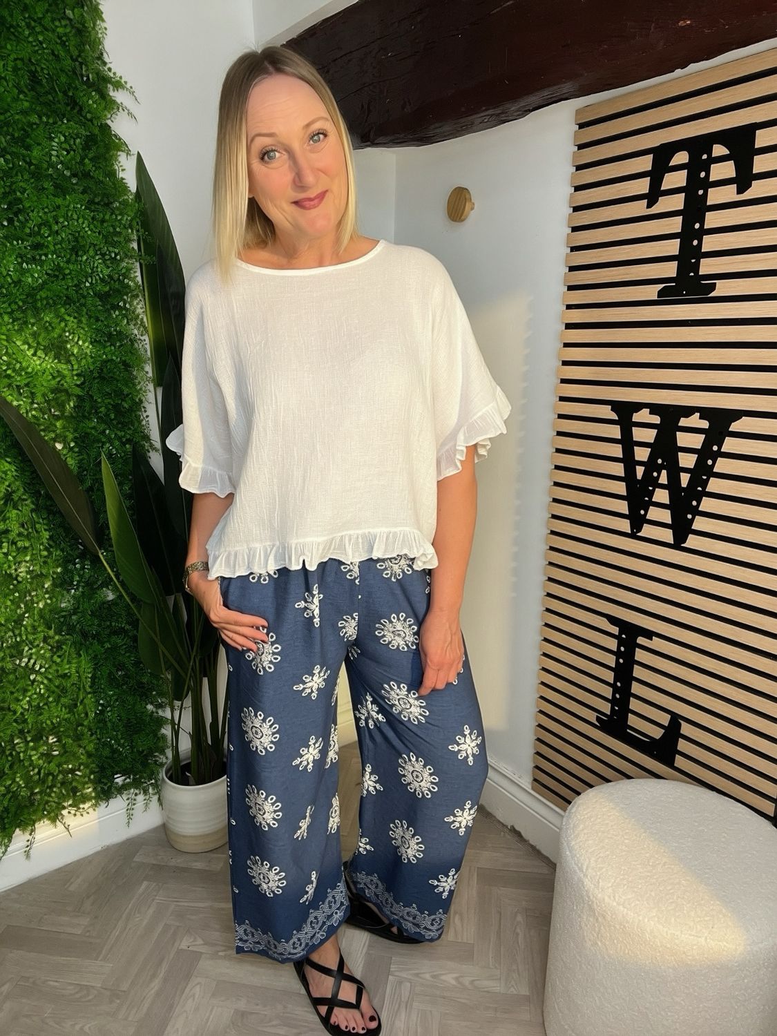 Wide Leg Patterned Trousers a Denim & Ecru