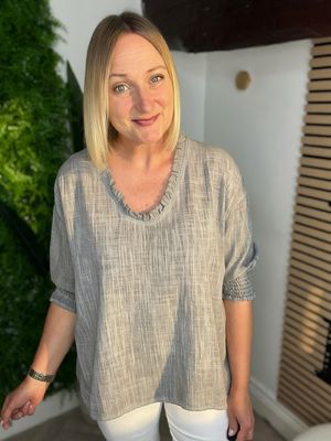 Frill Neck Cotton Blouse Top - Storm Grey