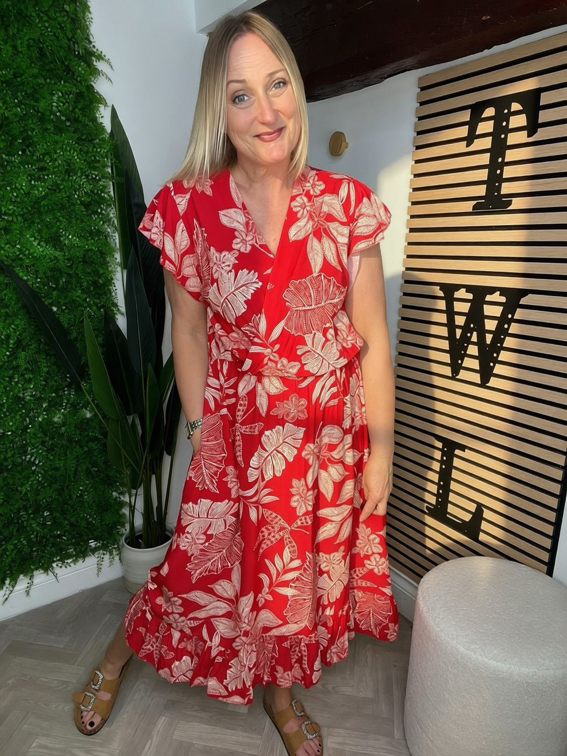 Flutter Sleeve Summer Dress - Red & Ecru Flutter Sleeve Summer Dress - Red & Ecru
