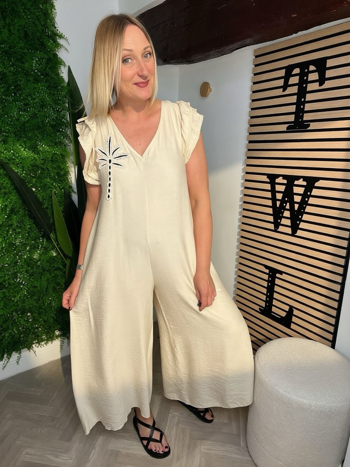 Ruffle Sleeve Palm Jumpsuit - Stone