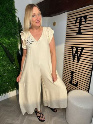 Ruffle Sleeve Palm Jumpsuit - Stone