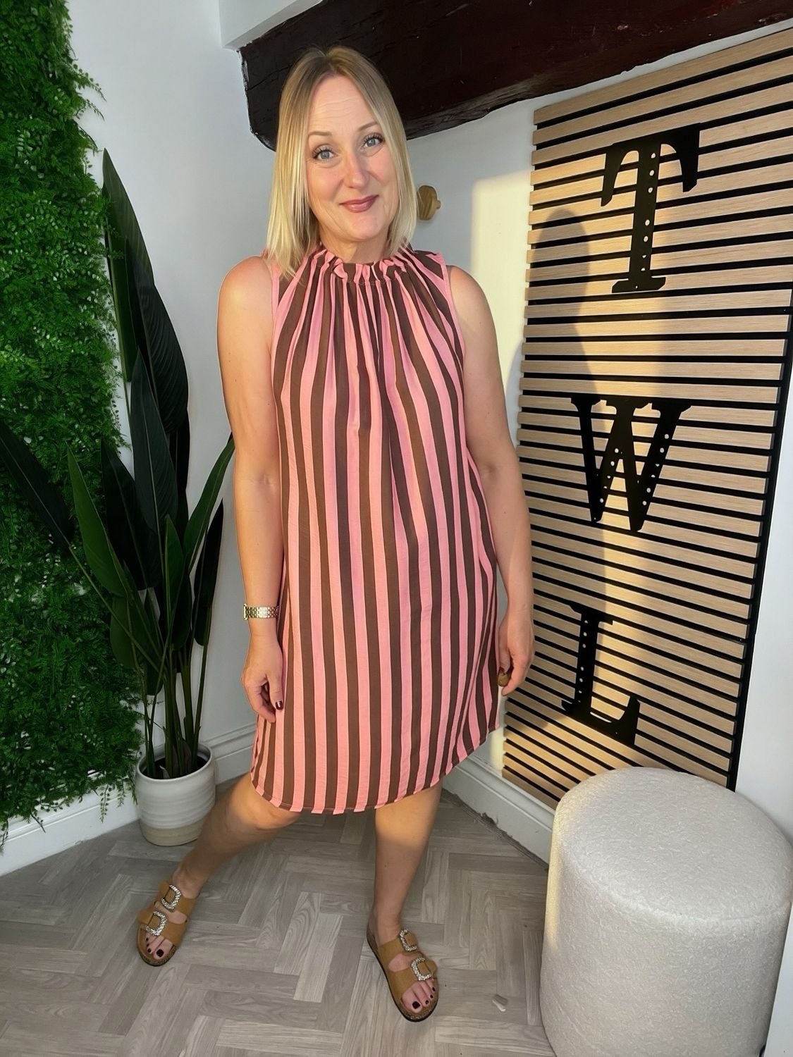 Stripe Frill Neck Dress - Coral & Chocolate Stripe Frill Neck Dress - Coral & Chocolate