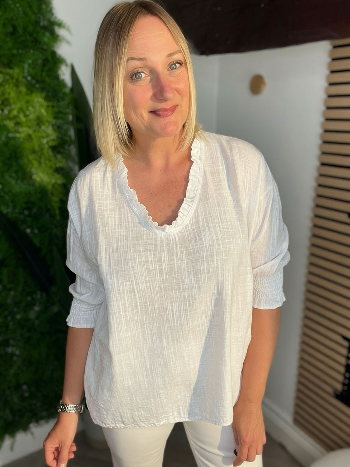 Frill Neck Cotton Blouse Top - White