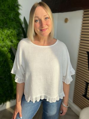 Frill Sleeve & Hem Summer Top - White