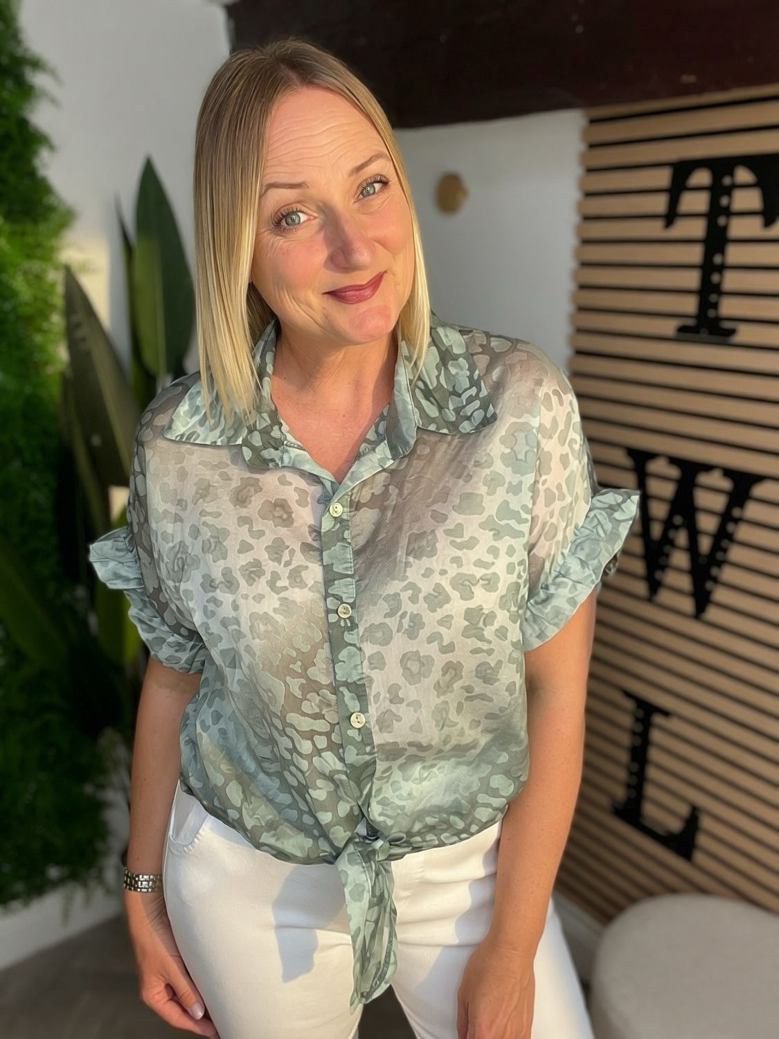 Tie Front Sheer Shirt - Khaki