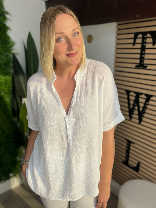 Crinkle Cheese Cloth Loose Top - White