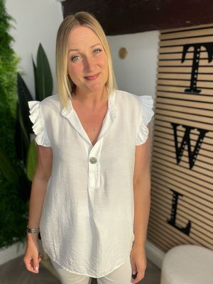 Frill Sleeve Button Front Top - White Frill Sleeve Button Front Top - White