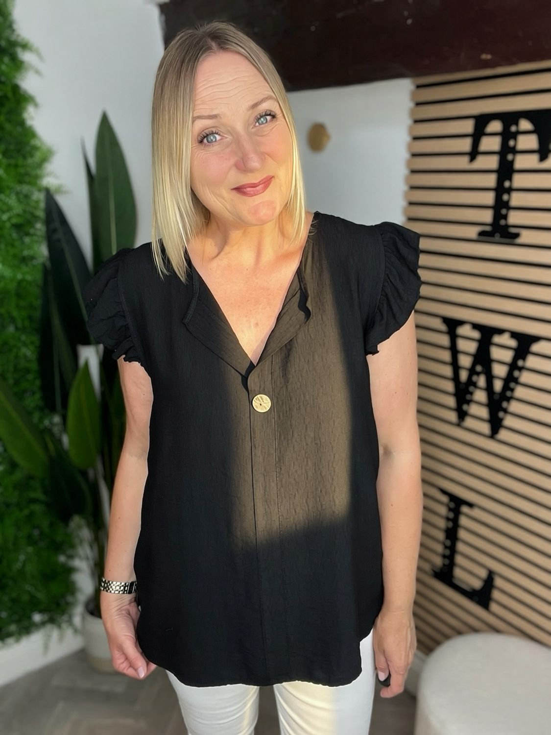 Frill Sleeve Button Front Top - Black Frill Sleeve Button Front Top - Black