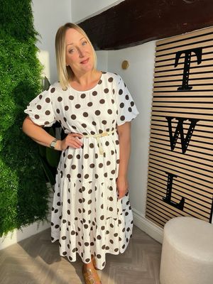 Polka Dot Dress With Puff Sleeve Detail - White & Brown Polka Dot Dress With Puff Sleeve Detail - White & Brown