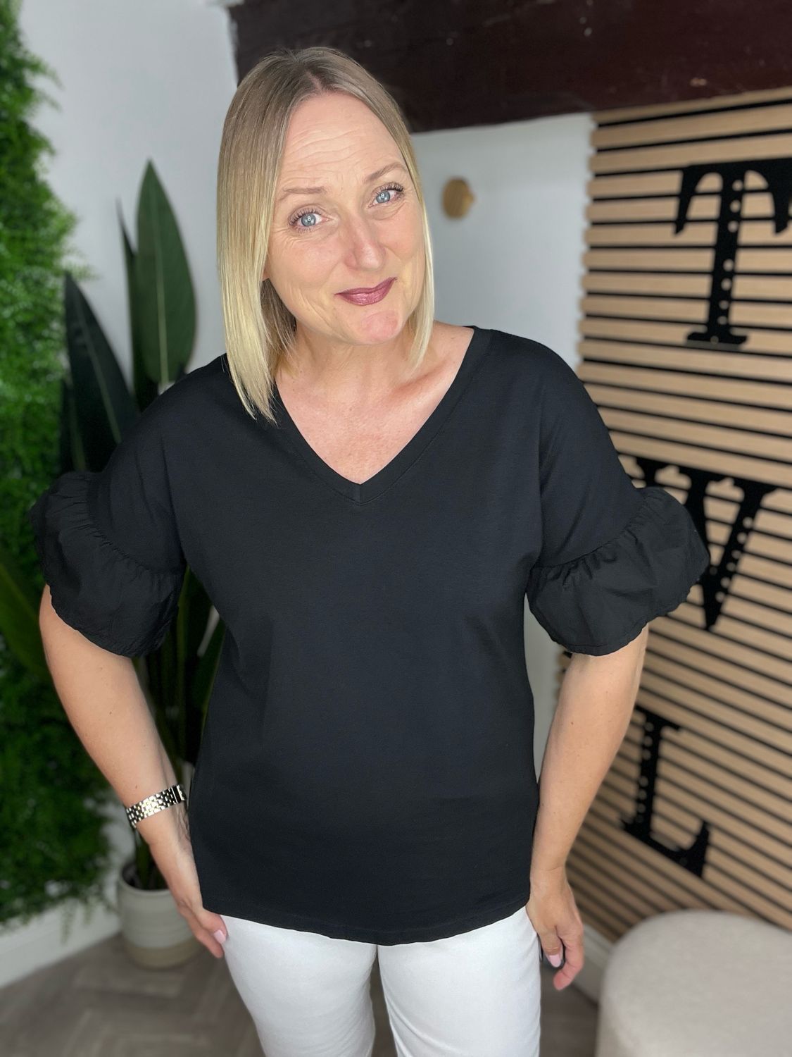 Black Tee With V Neck And Flute Sleeve