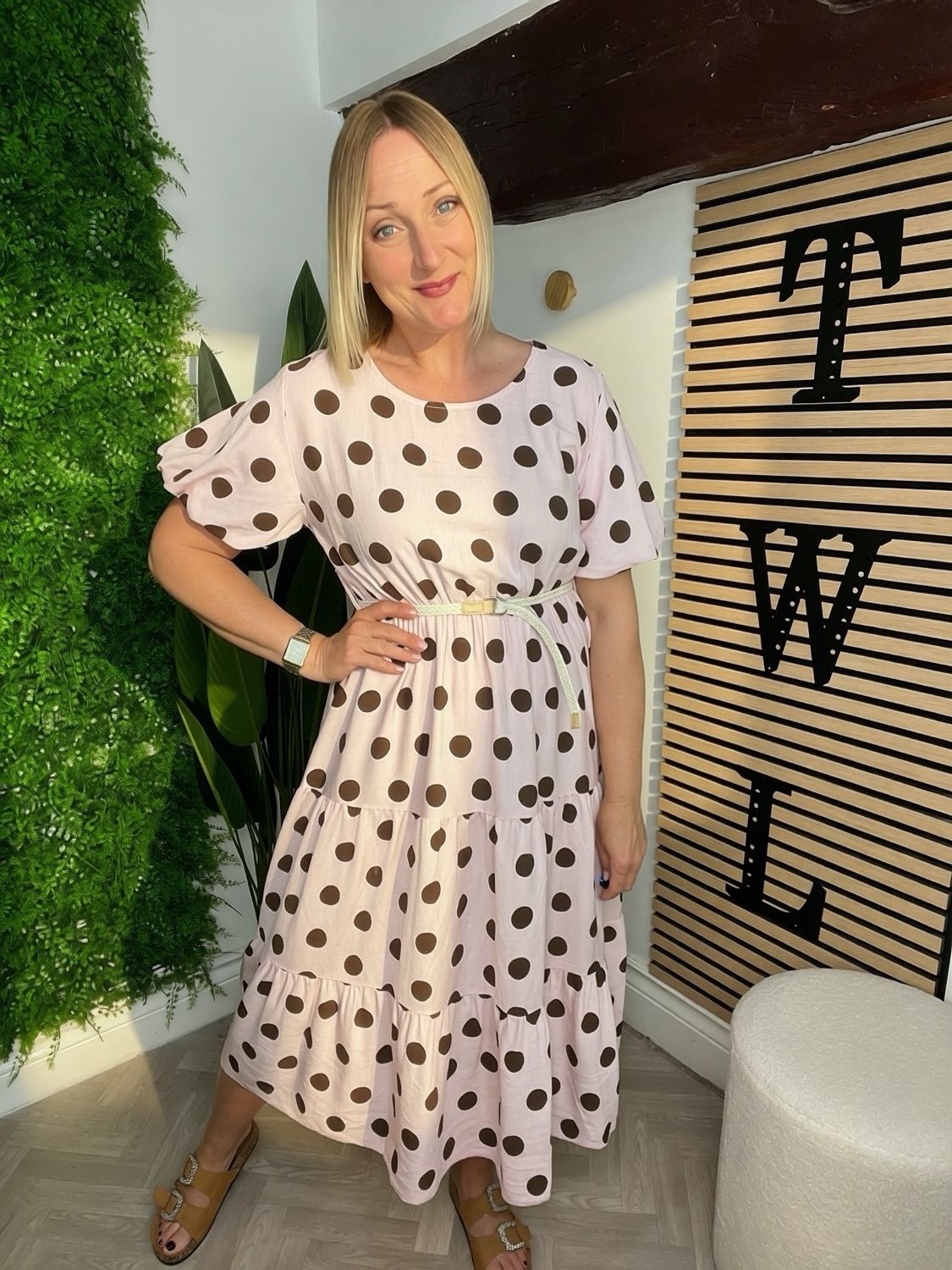 Polka Dot Dress With Puff Sleeve Detail - Pink & Brown Polka Dot Dress With Puff Sleeve Detail - Pink & Brown