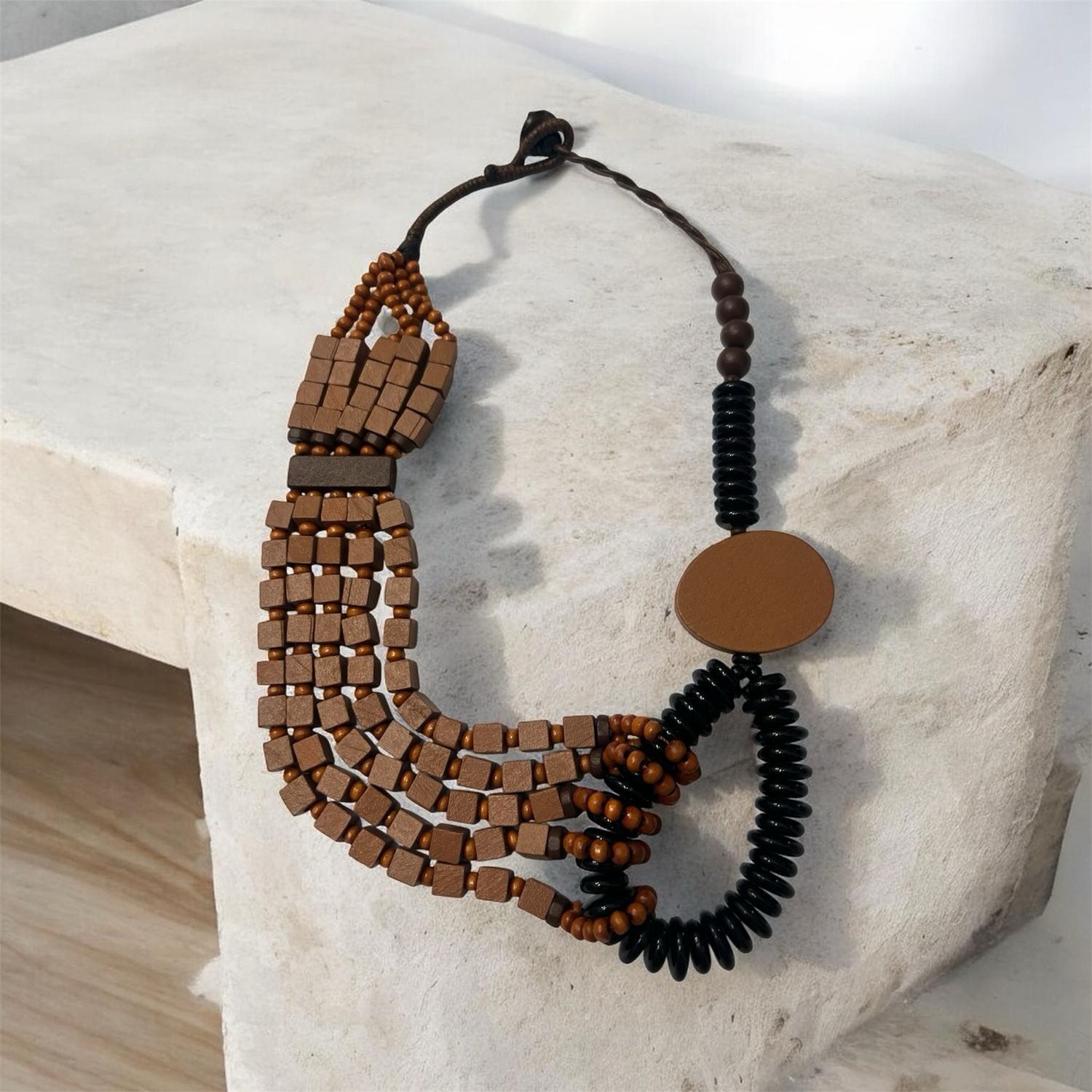 Wood & Bead Detail Necklace - Dark Brown