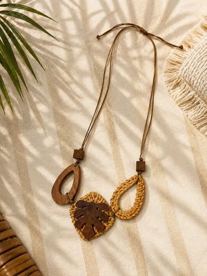 Leaf & Raffia Detail Wood Necklace- Adjustable Leaf & Raffia Detail Wood Necklace- Adjustable