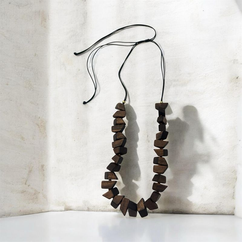 Wood Beaded Necklace Adjustable - Dark