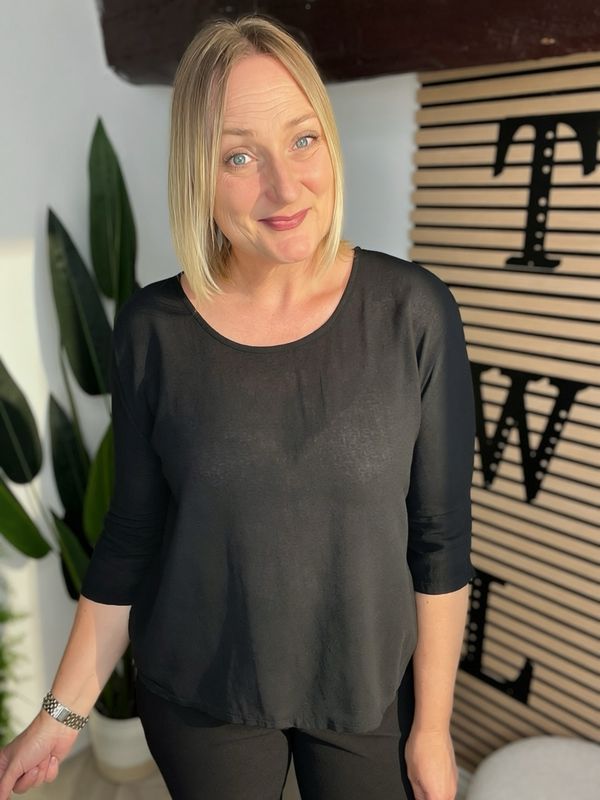 Box Fit Cotton Top With 3/4 Sleeves- Black