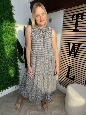 Gingham Dress With Smock Tier - Coffee & Ecru