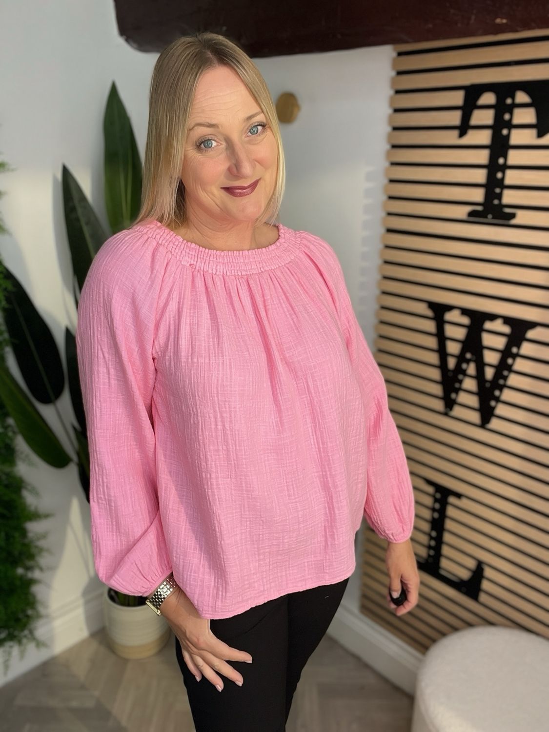 Sleeved Waffle Bardot Top - Bubblegum Pink